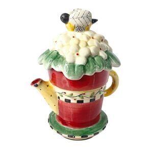 Debbie Mumm Earthenware Mini TEA POT Red White Garden Planter Flower Bee Top 8"